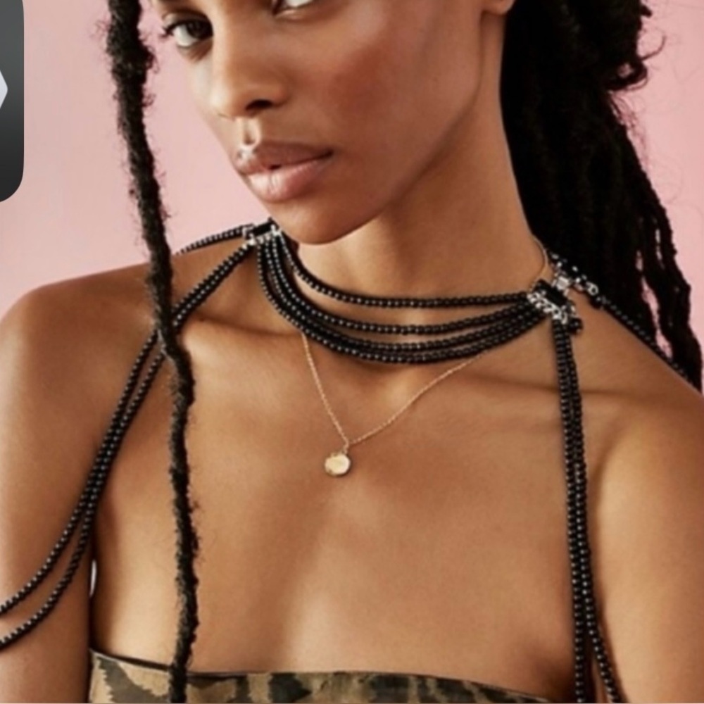 Free People Too Late Black Pearl Like Shoulder Necklace NWT